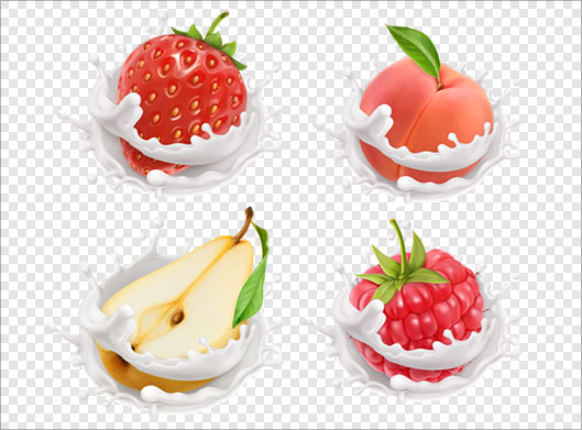 فایل png میوه های افتاده در شیر شامل گلابی ، توت فرنگی و هلو و تمشک