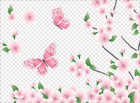 دانلود فایل png شکوفه های بهاری صورتی و پروانه