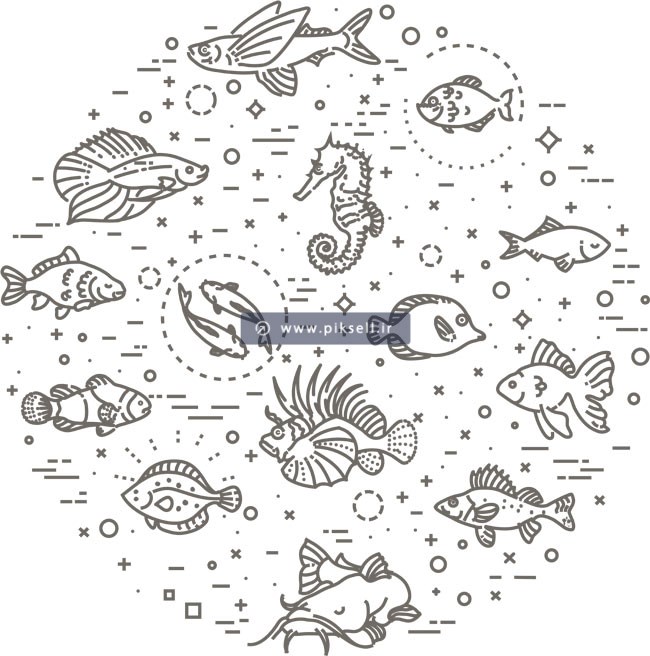 وکتور لایه باز مجموعه ماهی ها و موجودات دریایی
