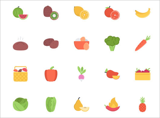 مجموعه آیکون های رنگی میوه های و خوراکی های مختلف