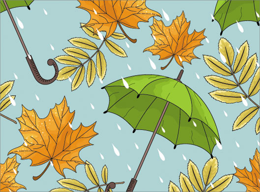 وکتور با طرح پترن چتر ، باران و برگ های پاییزی