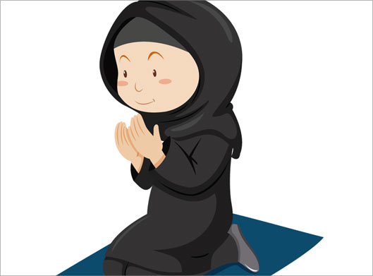 وکتور لایه باز با طرح گرافیکی دختر مسلمان در حال راز و نیاز بر سجاده نماز
