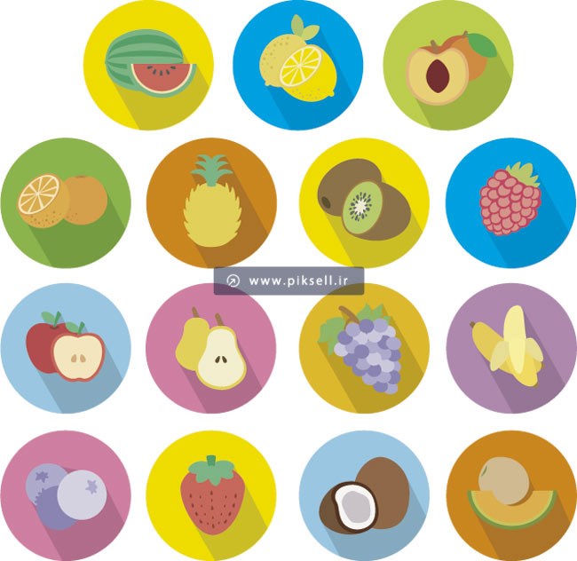 دانلود وکتور مجموعه آیکون های دایره ای با موضوع انواع میوه ها