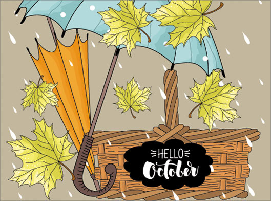 وکتور کارتونی با طرح سبد حصیری ، برگ های پاییزی و چتر