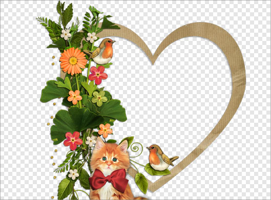 دانلود طرح فریم قلبی شکل با طرح گربه ، پرنده و گل