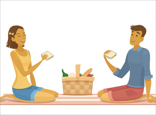 وکتور با طرح گرافیکی زن و شوهر در پیک نیک در حال خوردن سمبوسه