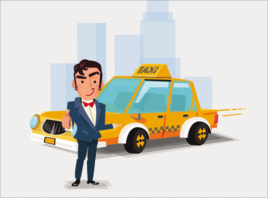 طرح کارتونی تاکسی زرد و راننده با فرمت های لایه باز وکتور
