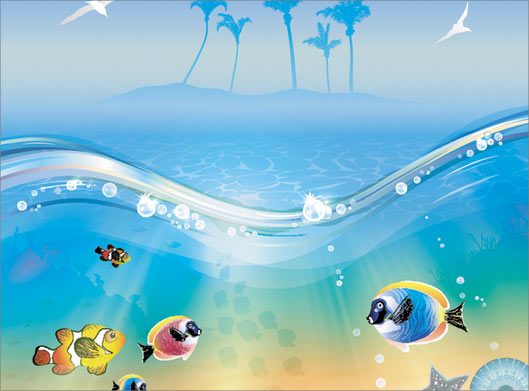 وکتور با طرح گرافیکی و کارتونی زیر دریا و اقیانوس با ماهی های رنگی