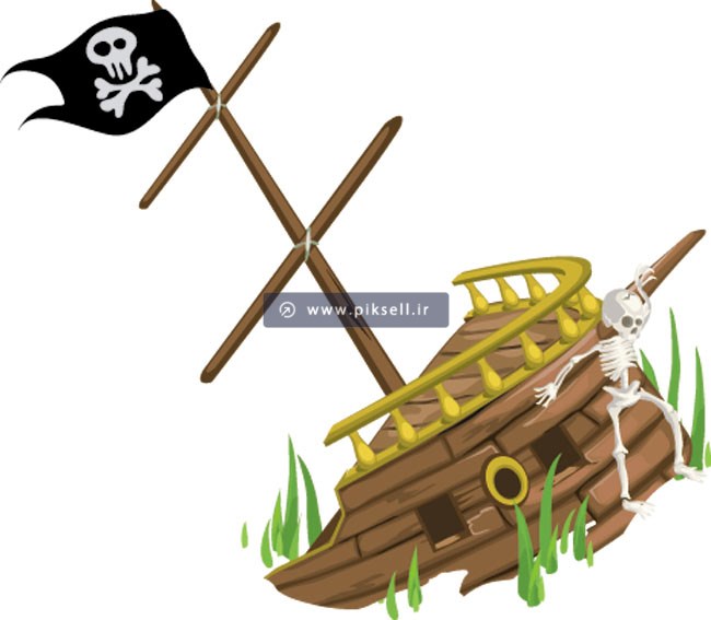 وکتور طرح کارتونی کشتی شکسته با پرچم دزدان دریایی
