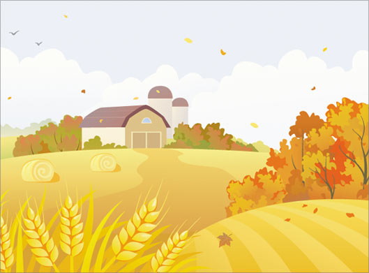 طرح کارتونی مزرعه پاییزی و گندمزار و دهکده روستایی زرد