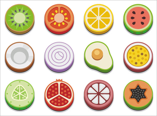 دانلود وکتور با طرح آیکونهای دایره ای از برش میوه های مختلف