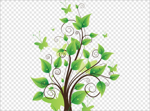دانلود تصویر دوربری شده و ترانسپرنت درخت و پروانه های سبز با فرمت png