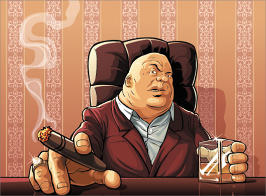 وکتور بکگراند کارتونی با طرح رئیس مافیا و سیگار برگ نشسته روی صندلی