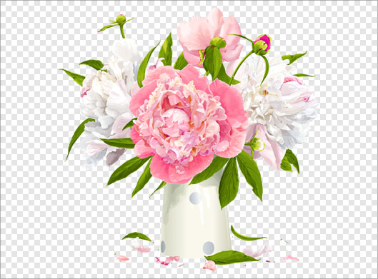 تصویر دوربری شده و ترانسپرنت گلدان گل و گلهای زیبای صورتی سفید با پسوند png