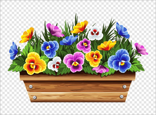 فایل ترانسپرنت و دوربری شده گلدان چوبی و گلهای بنفشه با فرمت png