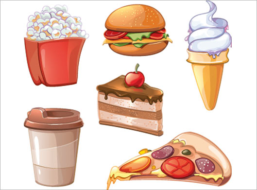 فایل وکتور لایه باز مجموعه المان های خوراکی های بستنی ، شیرینی ، پیتزا ، قهوه و پیتزا و شکوفه
