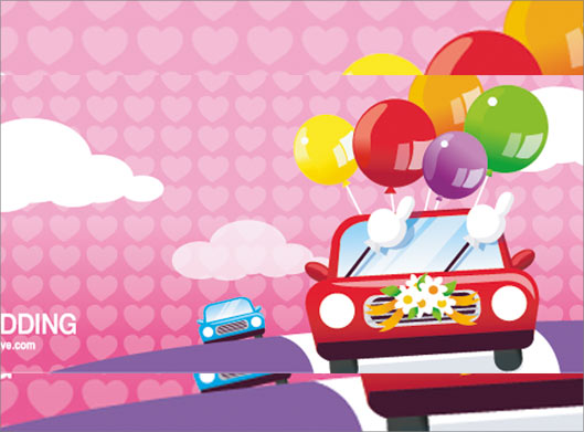 وکتور با طرح پس زمینه کارتونی ازدواج و جشن و شادی در ماشین عروس