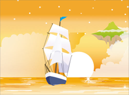 وکتور لایه باز بکگراند کارتونی با طرح غروب و کشتی روی دریا