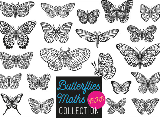 طرح وکتور مجموعه پروانه های مختلف سیاه و سفید