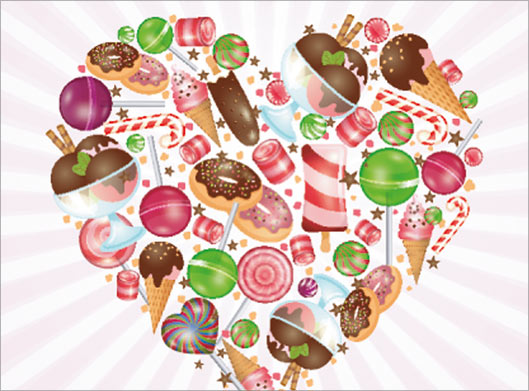 فایل وکتور لایه باز طرح قلب و خوراکی های شیرین شامل بستنی ، دونات ، شیرینی و شکلات