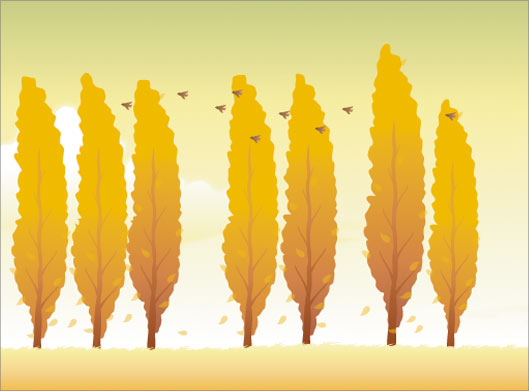 فایل وکتور لایه باز منظره پاییزی و درخت های زرد رنگ و غروب خورشید