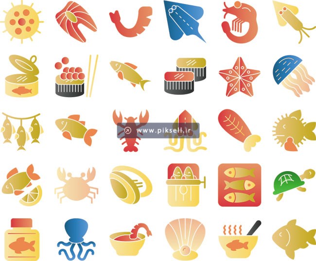 دانلود وکتور آیکونهای گرافیکی با موضوع غذاهای دریایی و ماهی ها