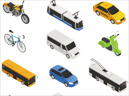 دانلود وکتور لایه باز مجموعه وسایل حمل و نقل شامل اتوبوس ، تاکشی ، موتور و دوچرخه