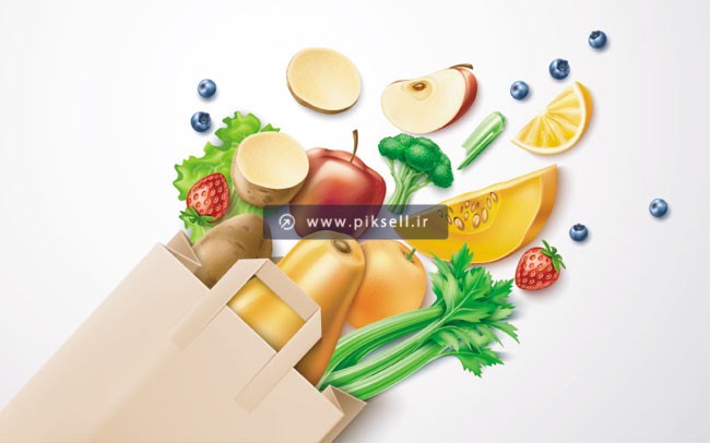 فایل لایه باز وکتور طرح گرافیکی ساک خرید و سبزیجات و میوه های تازه