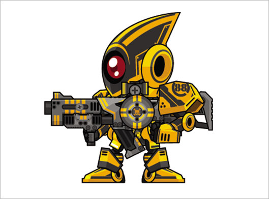 وکتور لایه باز طرح کاراکتر کارتونی روبات و آدم آهنی اسلحه به دست و حالت های مختلف انیمیشنی