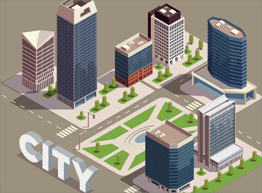 فایل لایه باز طرح ایزومتریک با موضوع شهر و city با ساختمان های بلند
