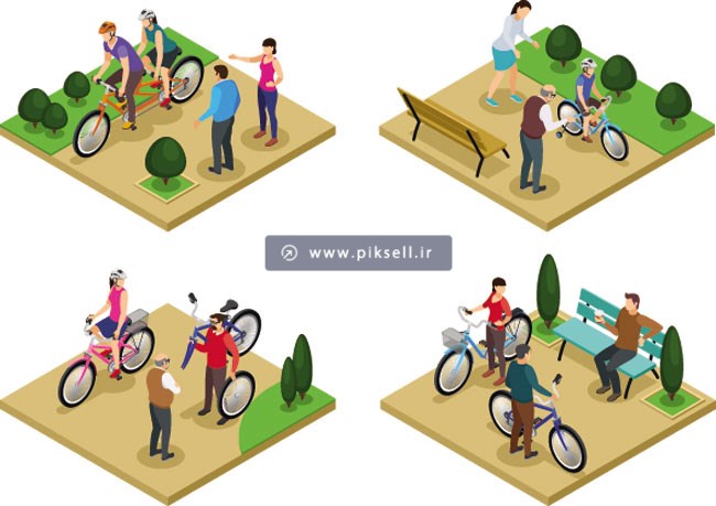 وکتور چهار طرح ایزومتریک با موضوع دوچرخه سواری در پارک