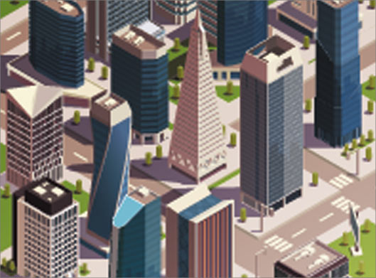 طرح وکتور لایه باز ایزومتریک از نمای شهر با ساختمان های بلند