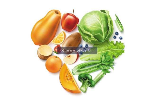 دانلود وکتور لایه باز طرح سبزیجات و میوه های سالم و پرانرژی