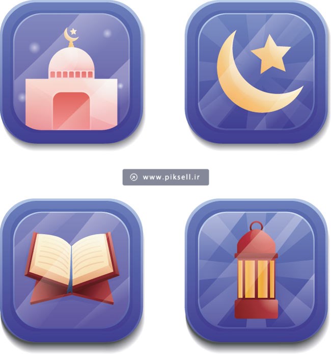فایل لایه باز مجموعه آیکون مربعی شامل مسجد ، قرآن و فانوس
