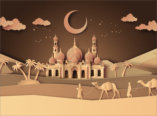 طرح وکتور بکگراند لایه باز گرافیکی صحرای عرب ، شتر و مسجد