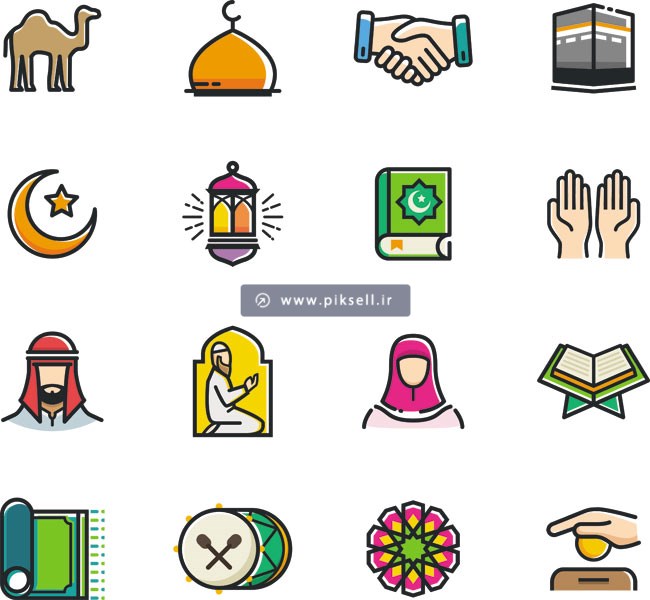 وکتور مجموعه آیکون های رنگی خطی با موضوع نماز ، اسلام ، مسجد و قرآن و عبادت