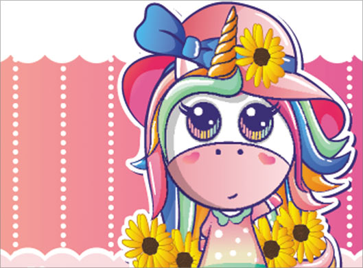 دانلود طرح وکتور گرافیکی دختر اسب شاخدار بامزه و گلهای زیبا