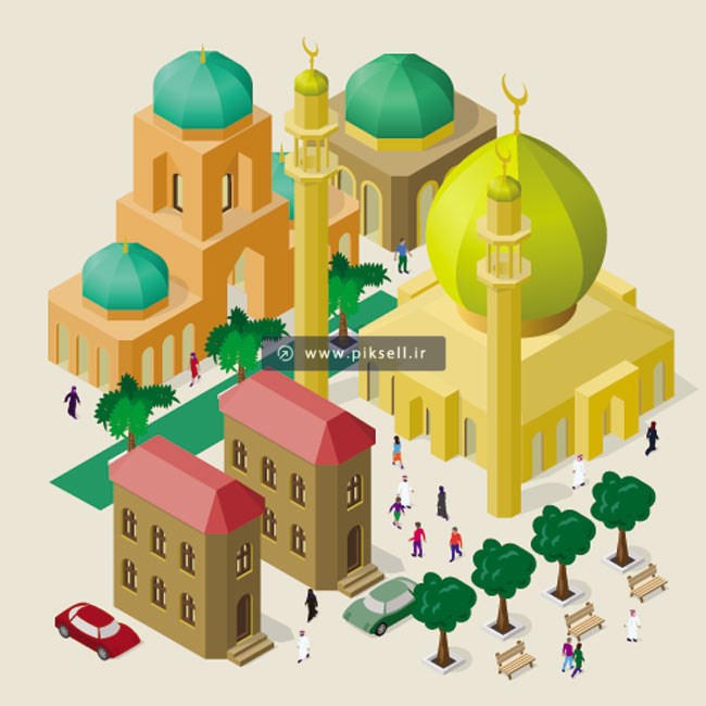 طرح وکتور ایزومتریک از نمای بالای شهر و مسجد
