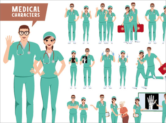 وکتور طرح گرافیکی کاراکترهای کارتونی پزشک زن و مرد و مدیکال و پزشکی