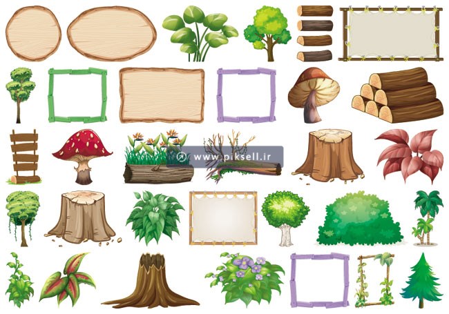 طرح وکتور مجموعه آیتم های طراحی بازی چوبی شامل درخت ، قارچ ، تنه درخت ، فریم چوبی ، نردبان و ..