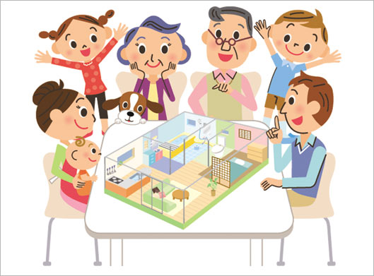 وکتور طرح کارتونی خانواده شاد نشسته دور میز در حال مشاهده ماکت خانه