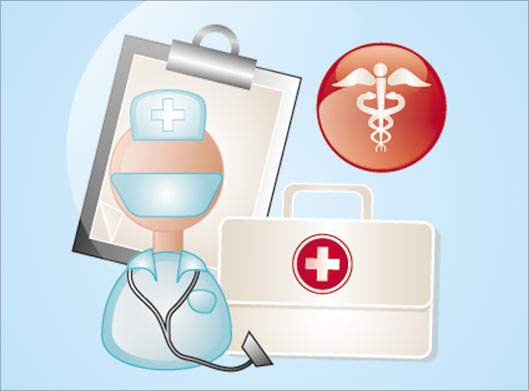 وکتور بکگرادن کارتونی با المان های پزشکی شامل کیف پزشکی ، دکتر و داروشناسی