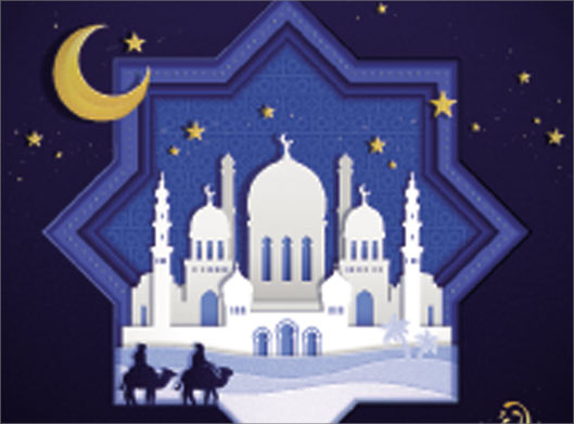 فایل لایه باز وکتور پس زمینه گرافیکی نمای شهر و مسجد در شب و حرکت شترها