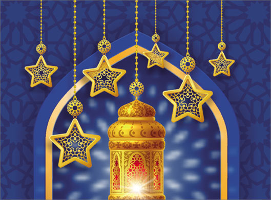 طرح وکتور بکگراند اسلامی با المان های فانوس ، ستاره و ماه رمضان