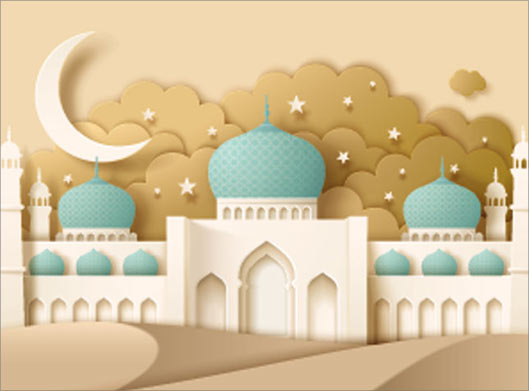 وکتور پس زمینه گرافیکی با المان های مسجد و ماه و ماه مبارک رمضان