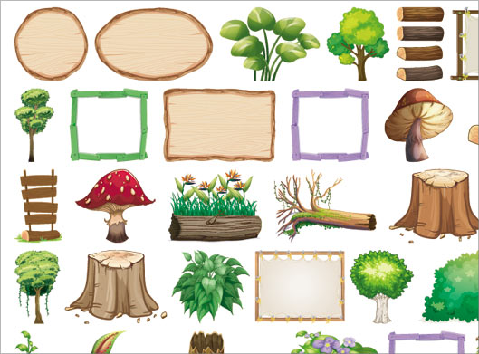 طرح وکتور مجموعه آیتم های طراحی بازی چوبی شامل درخت ، قارچ ، تنه درخت ، فریم چوبی ، نردبان و ..