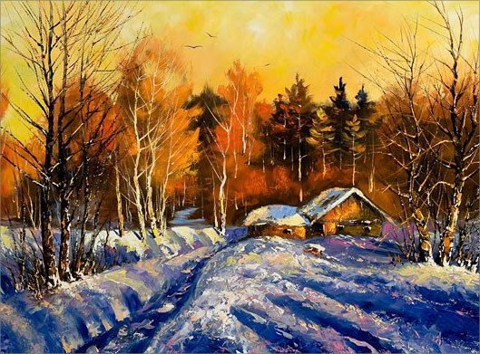عکس با کیفیت از نقاشی رنگ روغن روستای زیره برف