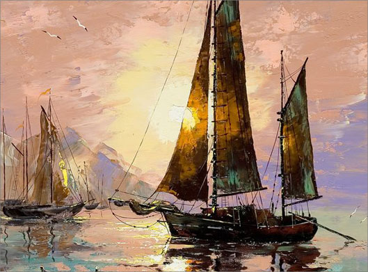 عکس با کیفیت از نقاشی رنگ روغن قایق ها در نور آفتاب