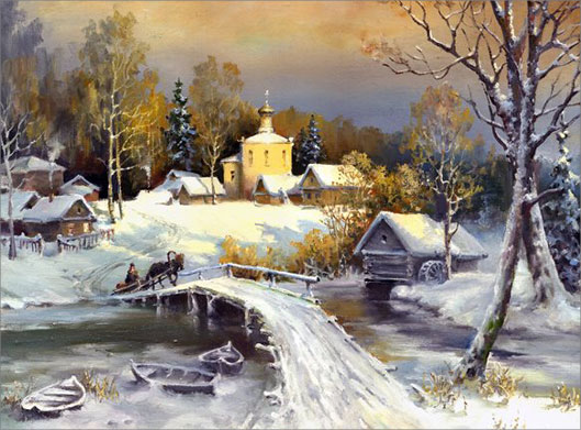 عکس با کیفیت از نقاشی رنگ روغن پل چوبی برف و دهکده و نمای برفی روستا