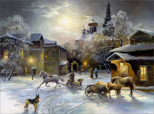 عکس با کیفیت از نقاشی دهکده و برف بصورت رنگ روغن